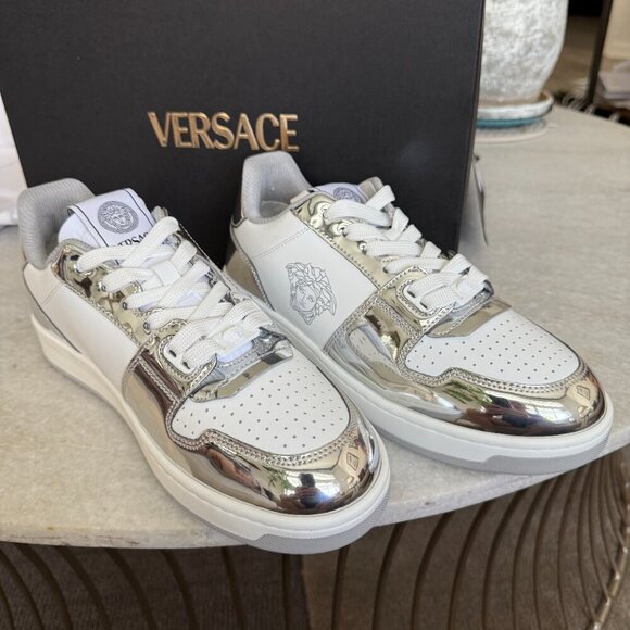 Versace Medusa White Leather Men's Sneaker Shoe, 1013377, Silver patent leather - Picture 5 of 13